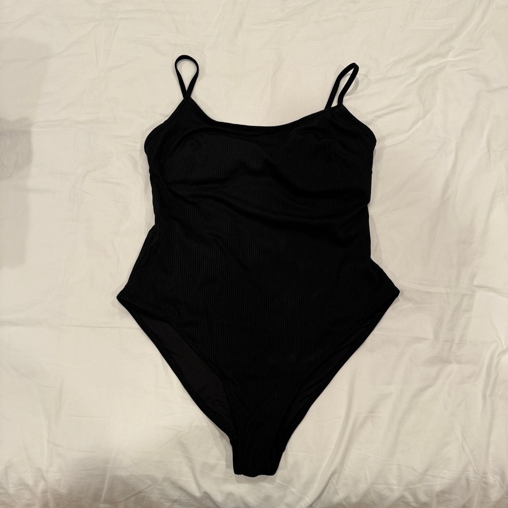 H&M Ribbed Black One Piece Swimsuit Bathing Suit - L